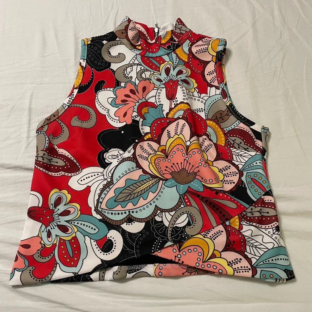 Women S Floral Psychedelic Retro 60s Inspired Mock Neck Back Zip Sleeveless Top
